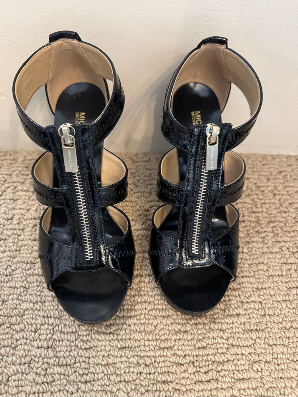 Michael Kors Black Patent Leather Front-Zip Strappy Heels